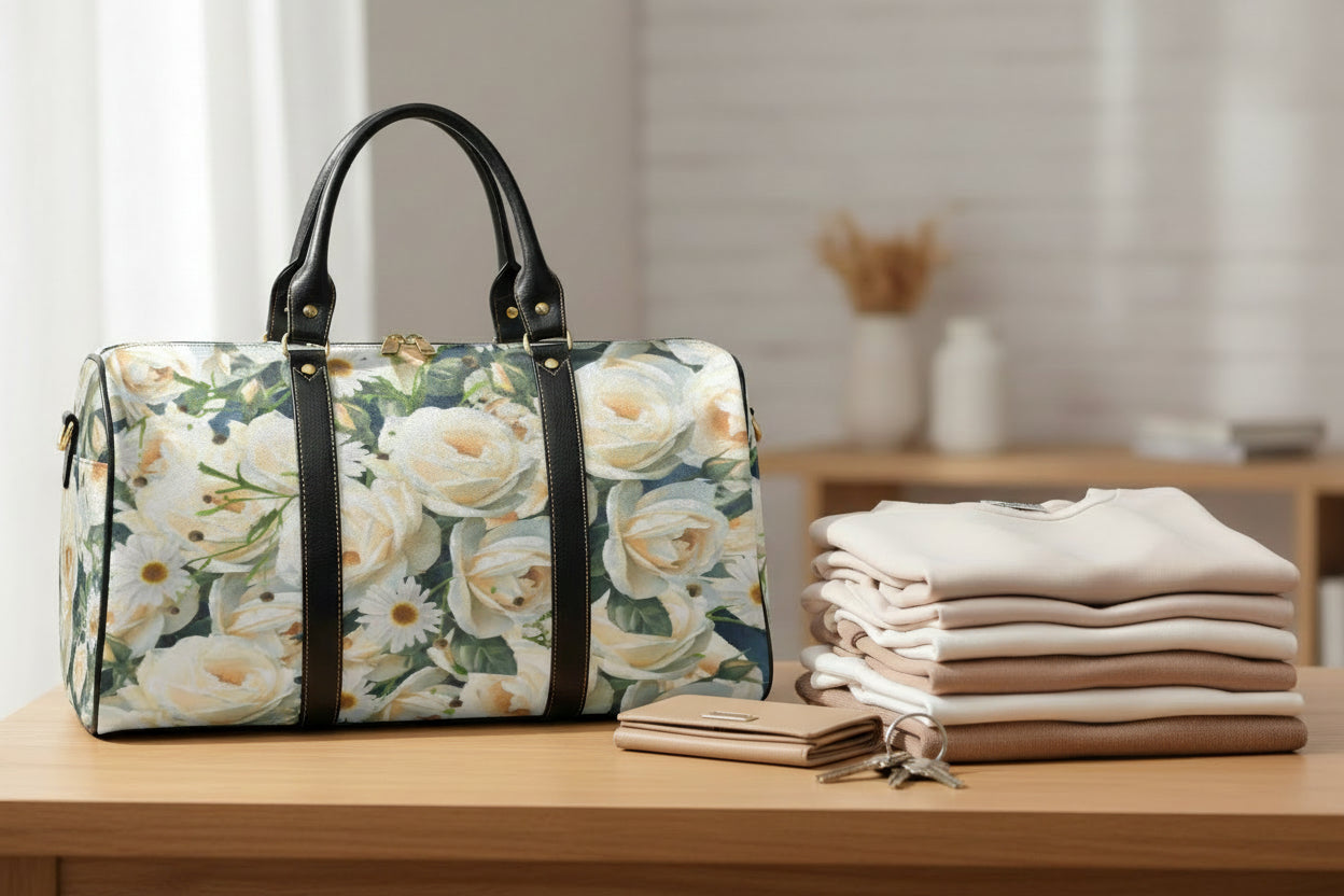 Floribunda - Indigo small travel bag - duffle bag, roses and daisies