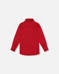 Printed Reindeer Poplin Shirt With Bow Tie Red