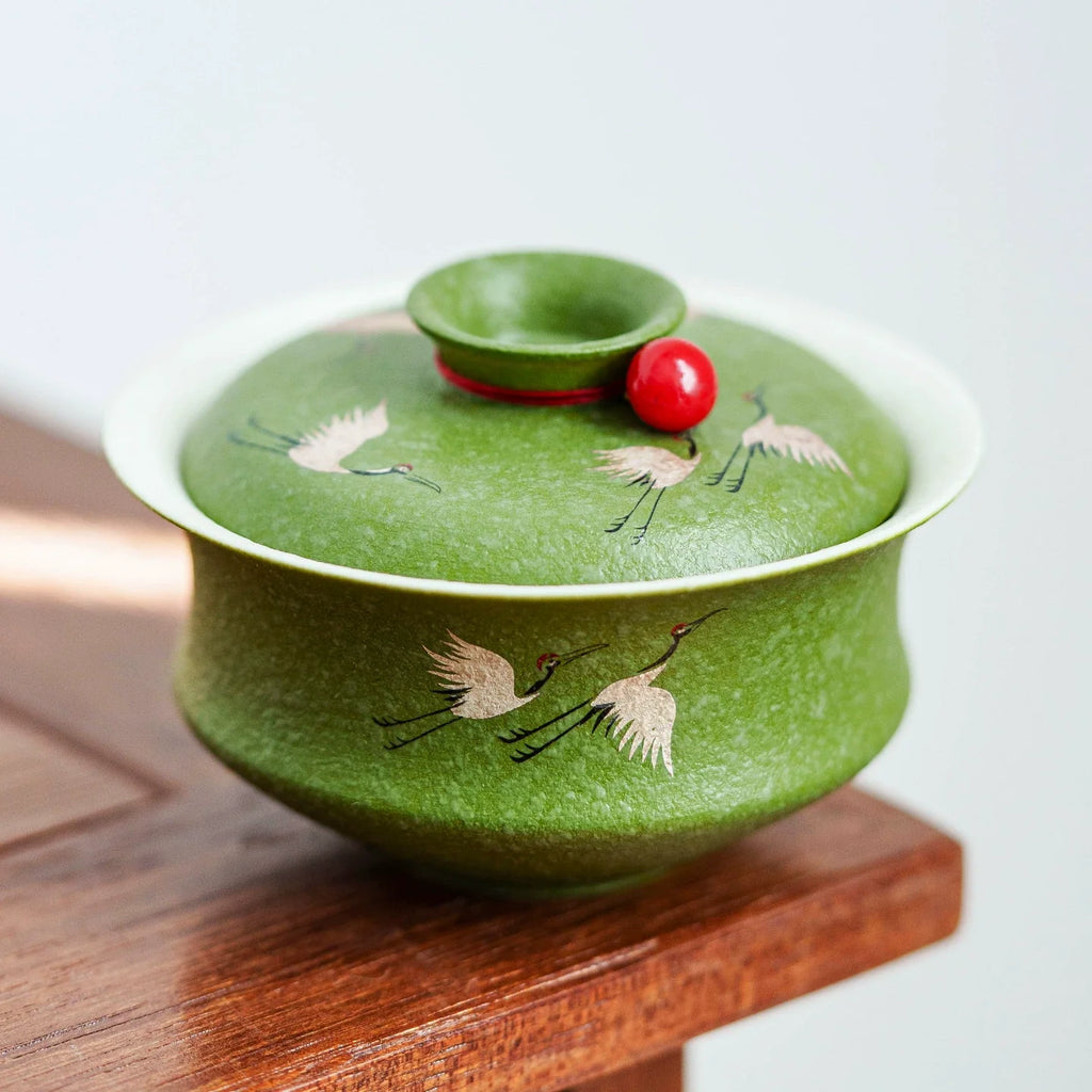 Crane Green Glaze Gaiwan — Handcrafted Porcelain Teacup with Red Bead Lid