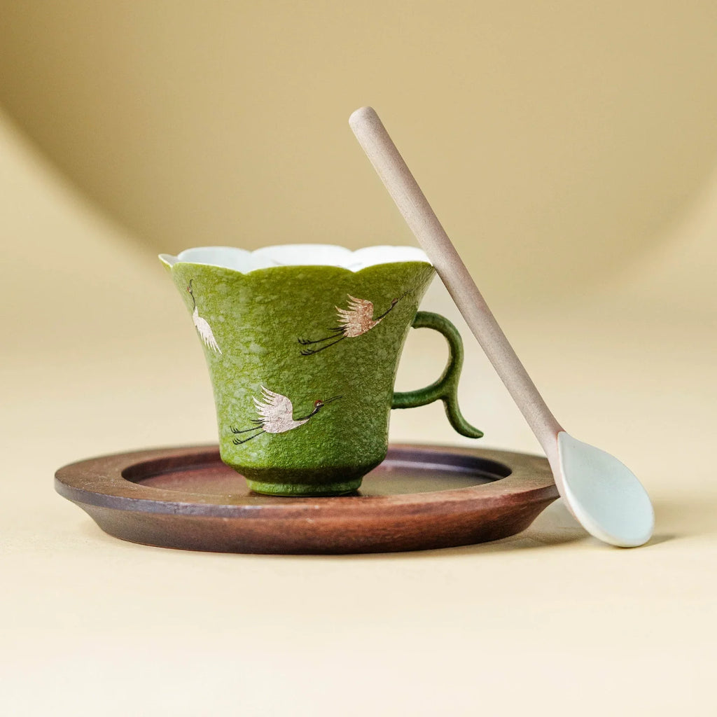 Crane Dance Porcelain Teacup — Celadon Green Floral Rim Teacup with Handle | Gift Set Edition