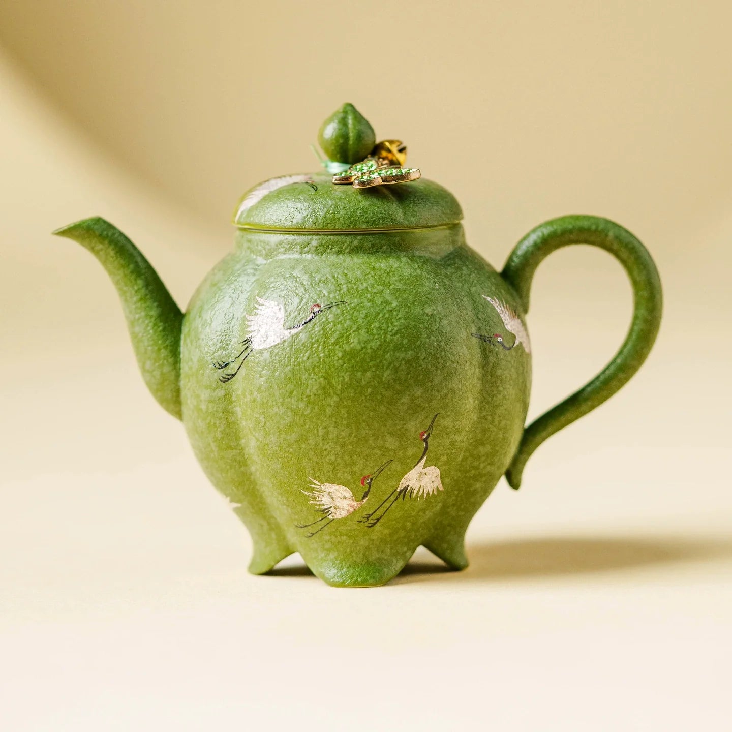 Crane Green Glaze Teapot — Handcrafted Zisha Pot with Enamel Butterfly Lid