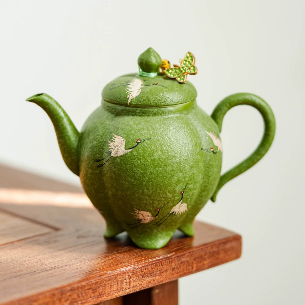Crane Green Glaze Teapot — Handcrafted Zisha Pot with Enamel Butterfly Lid