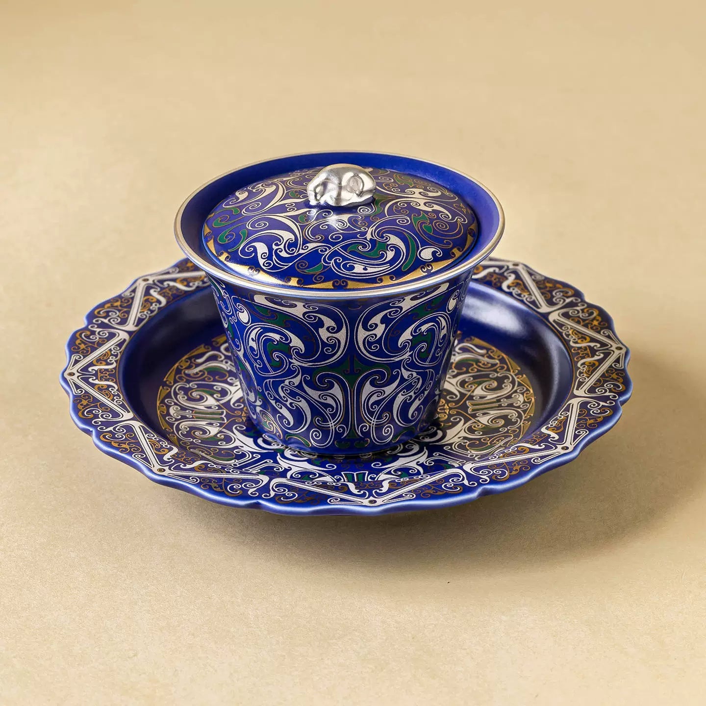 Imperial Blue Silver Filigree Gaiwan & Saucer Set | Handcrafted Porcelain Tea Ceremony Gift