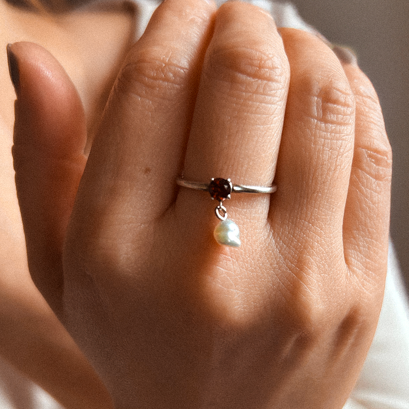 Garnet & Pearl Drop Ring | 14K Gold Fine Jewelry