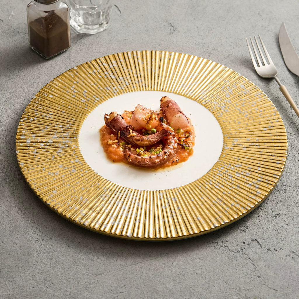 Golden Radial Gear Charger Plate – 12-Inch Artisanal Ceramic Presentation Plate