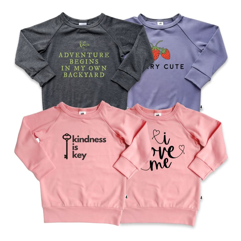 Baby/Kids' Graphic Bamboo Raglan Sleeve Pullover | Adventures Begin In My Own Backyard In Charcoal