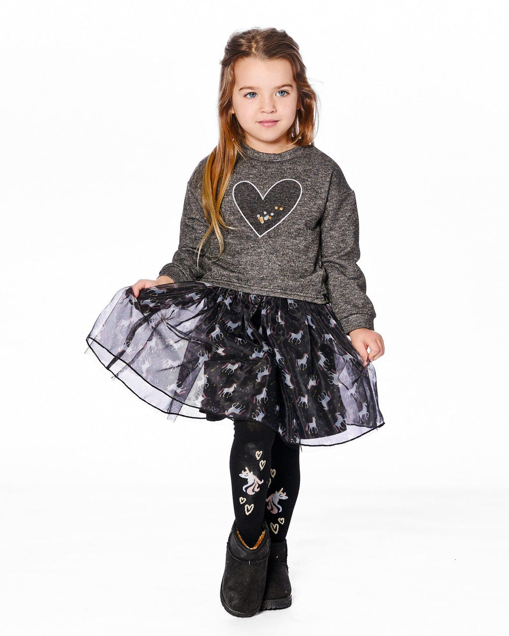Bi-Material Dress Black With Mesh Skirt And Heart