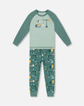 Two-Piece Organic Cotton Pajama Set Teal Construction Print