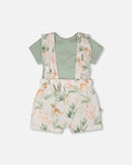 Pointelle Onesie And Cotton Muslin Shortall Set Green And Peach Deer Print