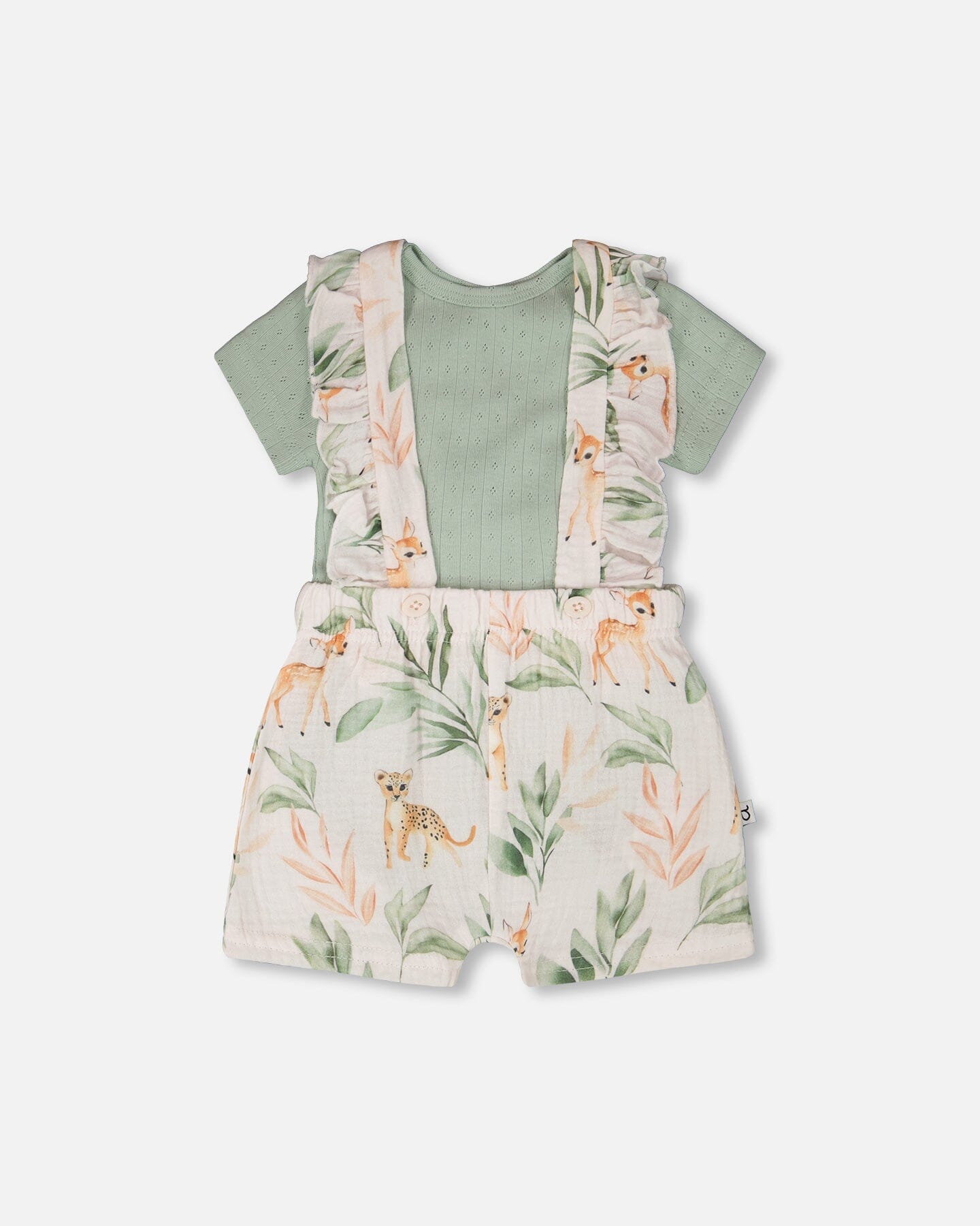 Pointelle Onesie And Cotton Muslin Shortall Set Green And Peach Deer Print