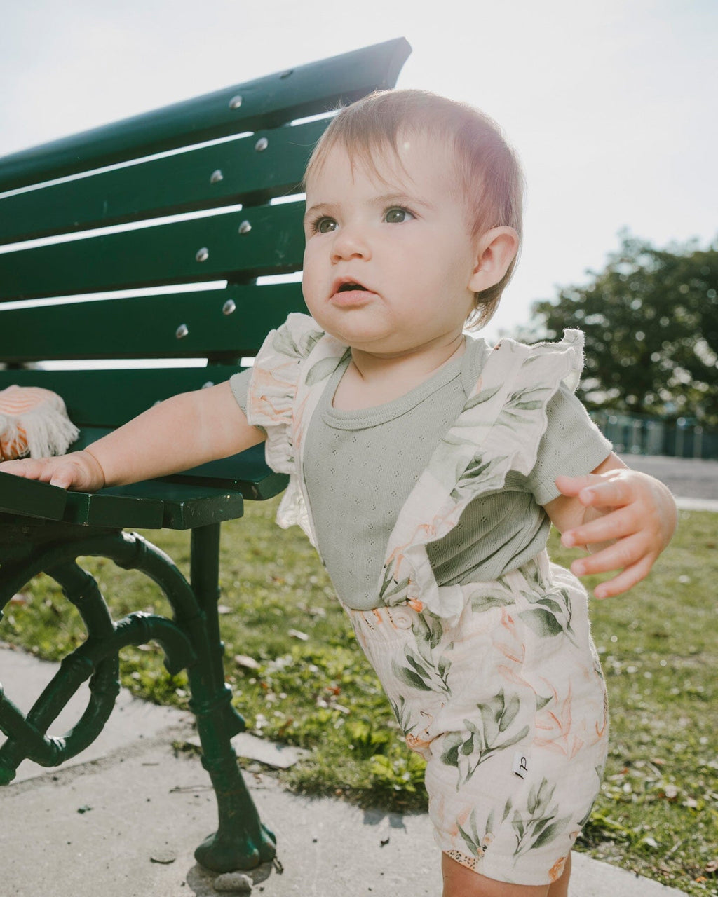 Pointelle Onesie And Cotton Muslin Shortall Set Green And Peach Deer Print