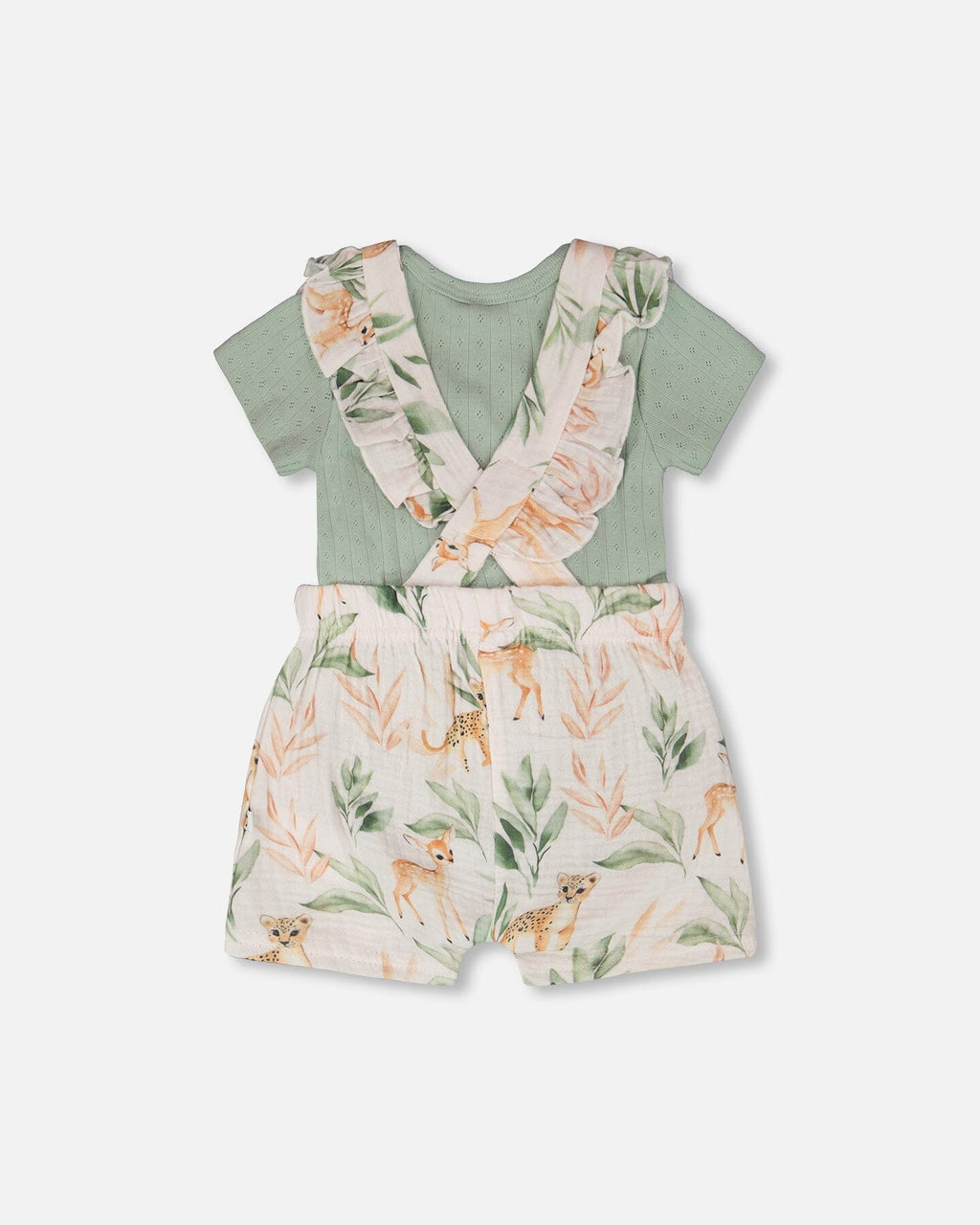 Pointelle Onesie And Cotton Muslin Shortall Set Green And Peach Deer Print