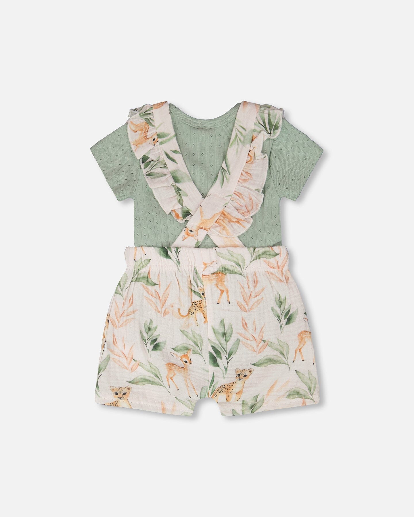 Pointelle Onesie And Cotton Muslin Shortall Set Green And Peach Deer Print