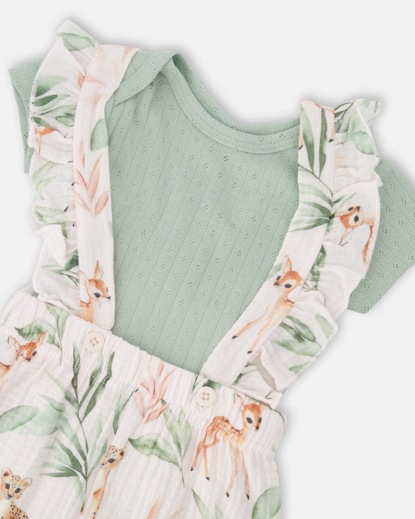 Pointelle Onesie And Cotton Muslin Shortall Set Green And Peach Deer Print
