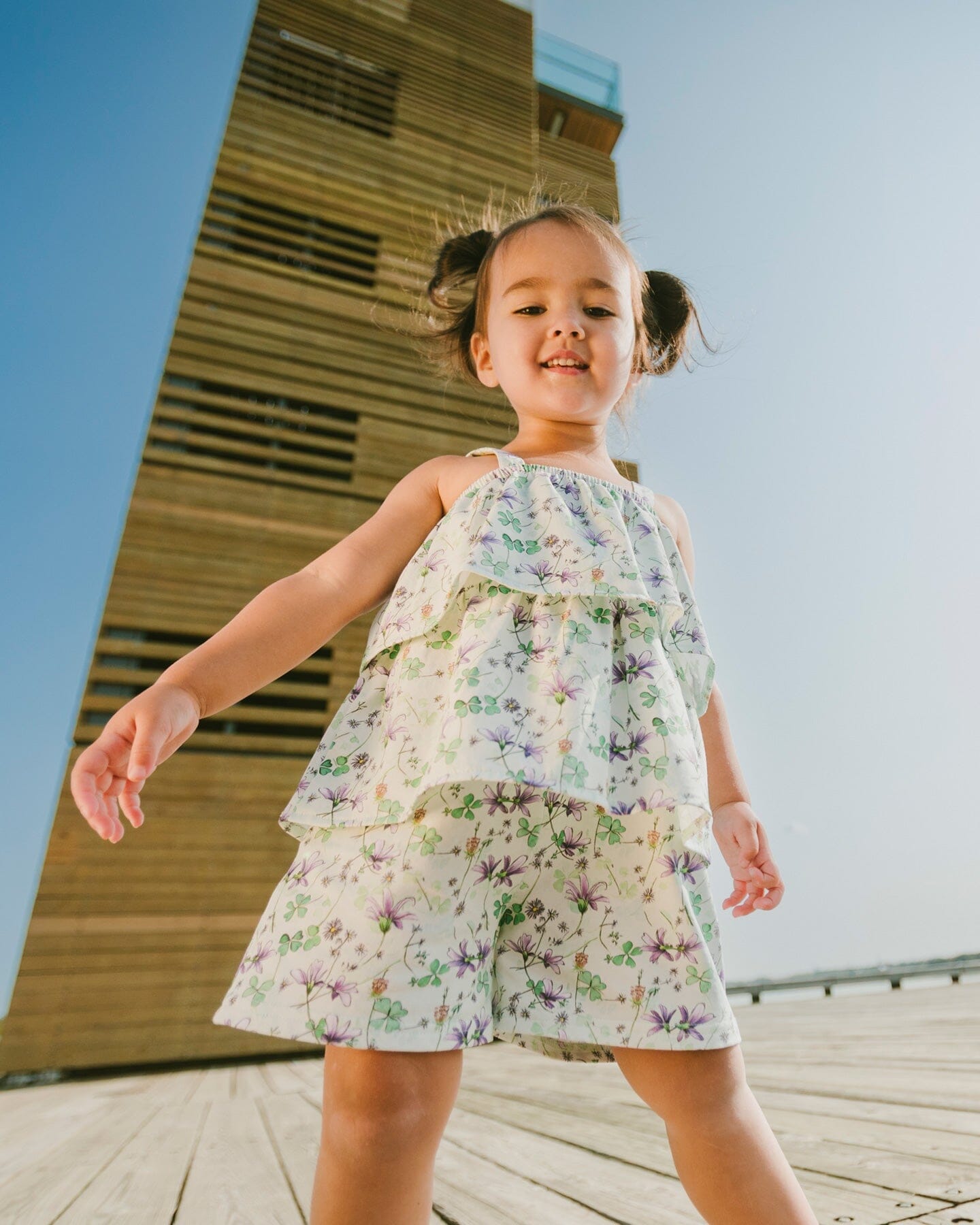 Jersey Romper With Tiers Green Printed Flowers