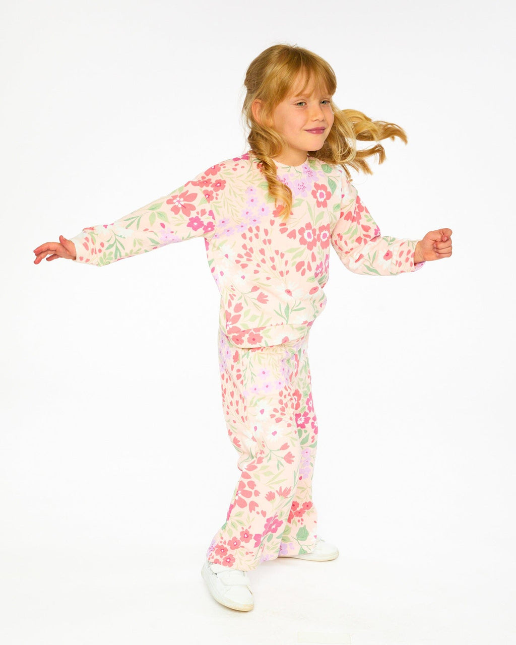 French Terry Pants Pink Printed Flowers