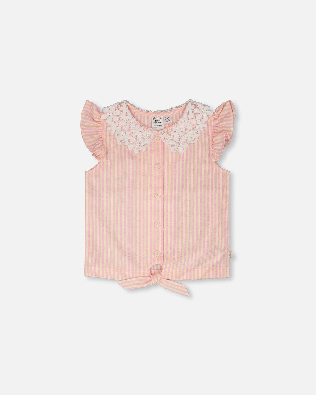 Sleeveless Shirt Pink And Yellow Stripes With Crochet Collar