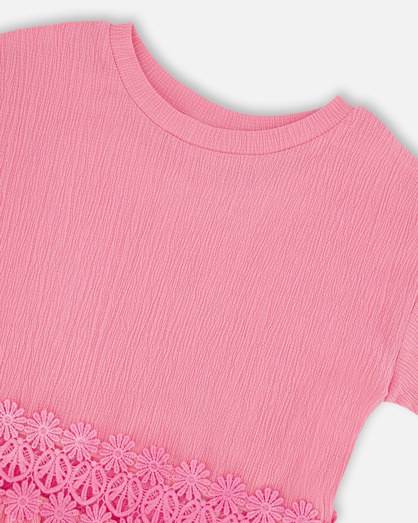 Crinkle Jersey Long T-Shirt With Crochet Insert Pink