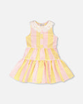 Sleeveless Dress With Crochet Peter Pan Collar Pink And Yellow Stripes