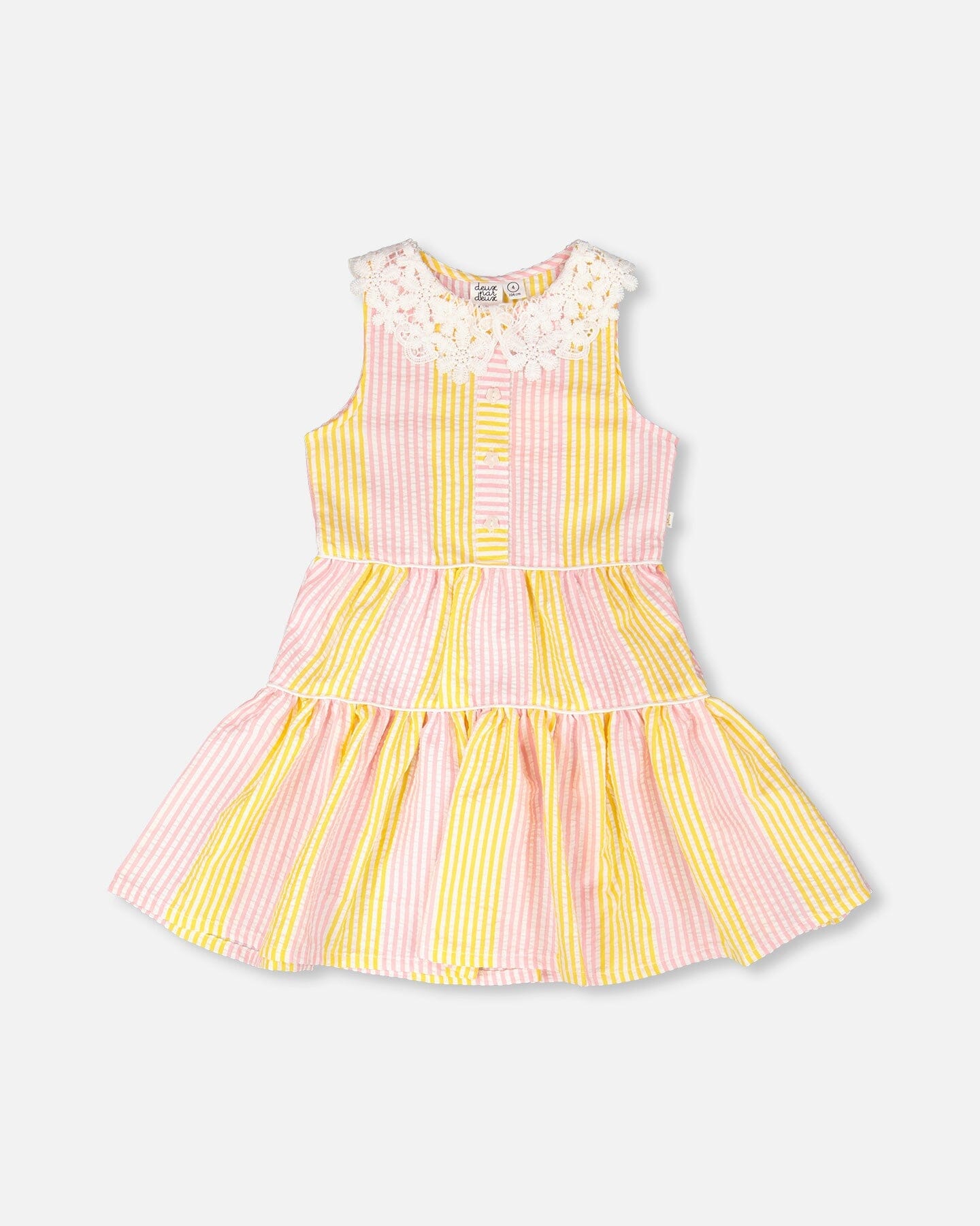 Sleeveless Dress With Crochet Peter Pan Collar Pink And Yellow Stripes