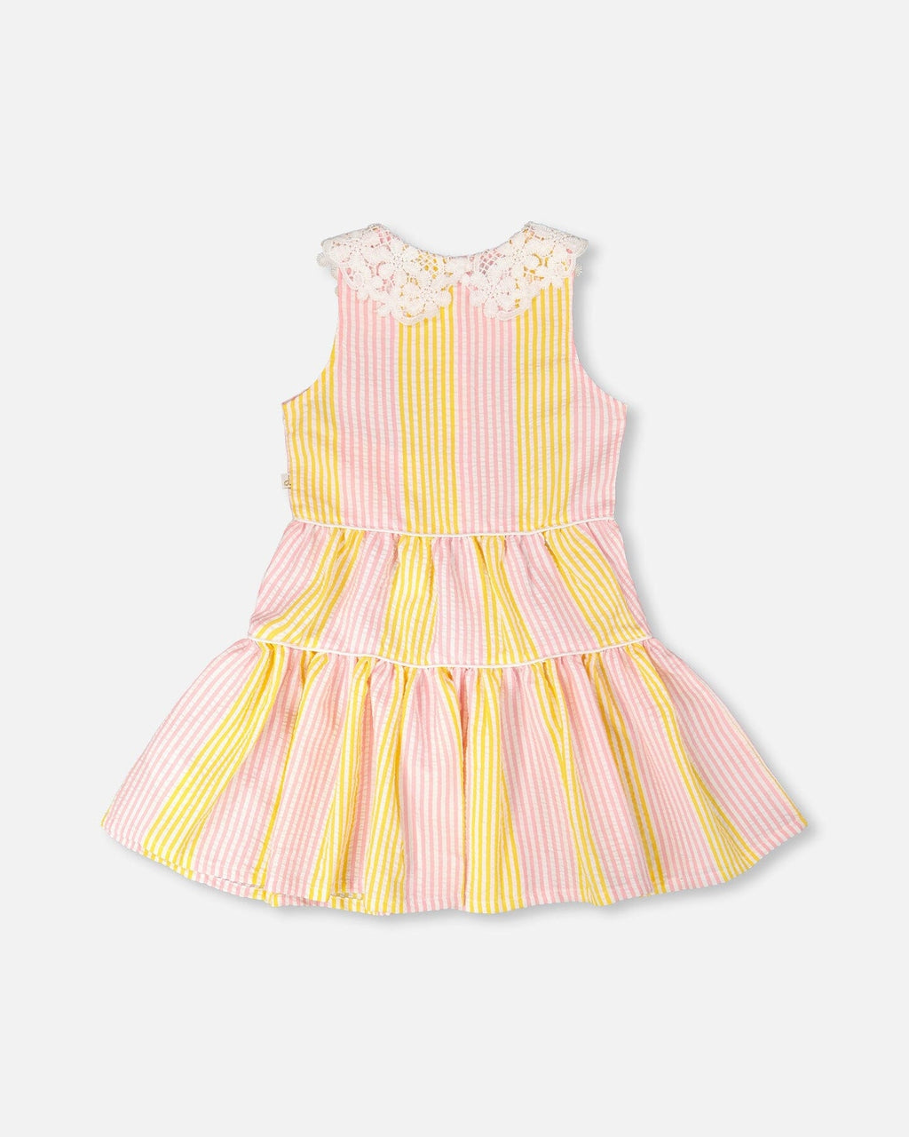 Sleeveless Dress With Crochet Peter Pan Collar Pink And Yellow Stripes