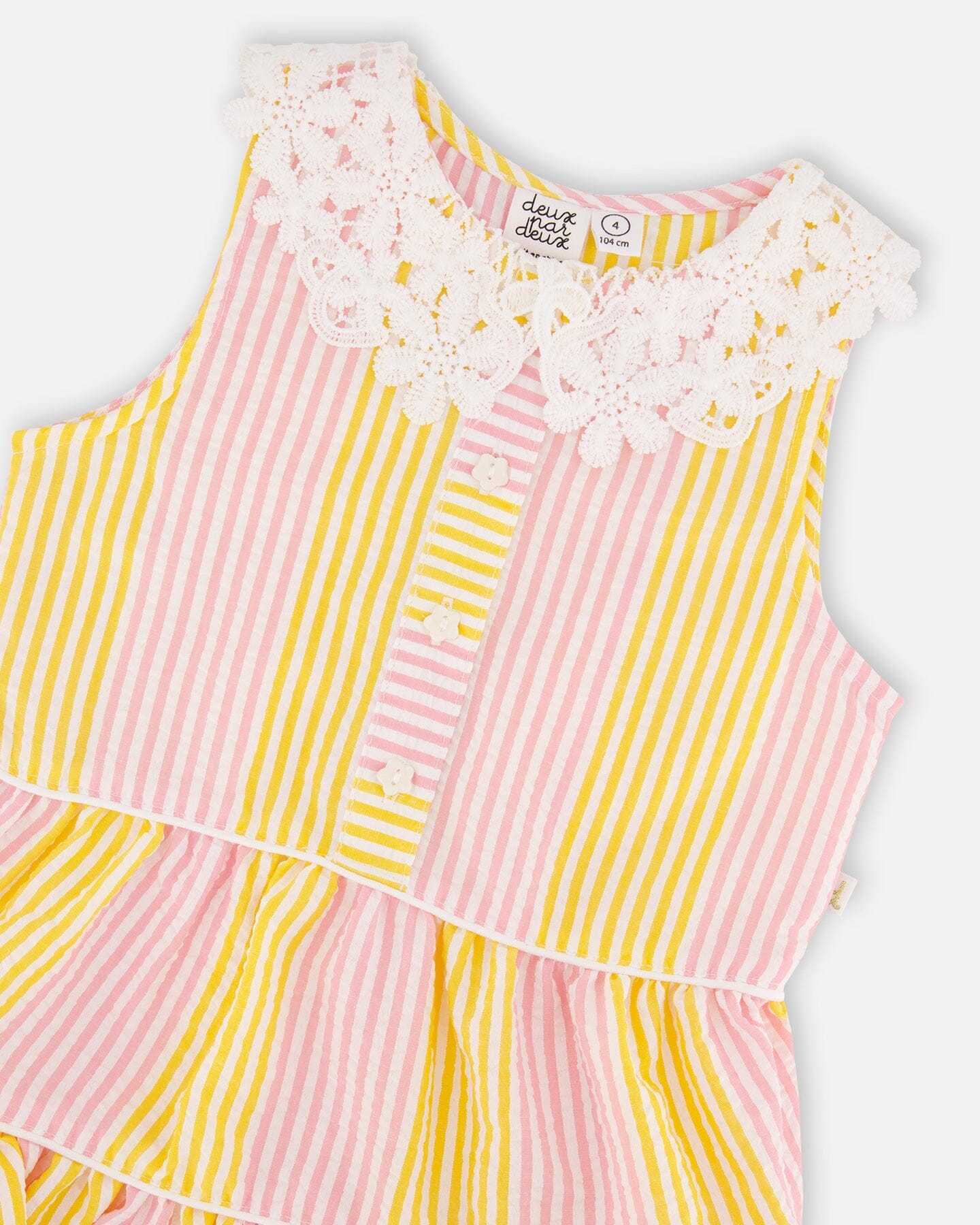 Sleeveless Dress With Crochet Peter Pan Collar Pink And Yellow Stripes