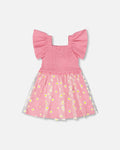 Mesh And Crinkle Jersey Dress With Smocking Pink