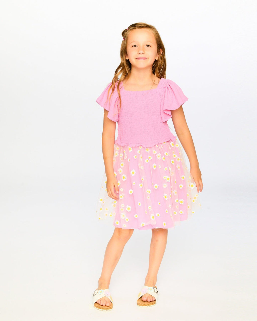 Mesh And Crinkle Jersey Dress With Smocking Pink