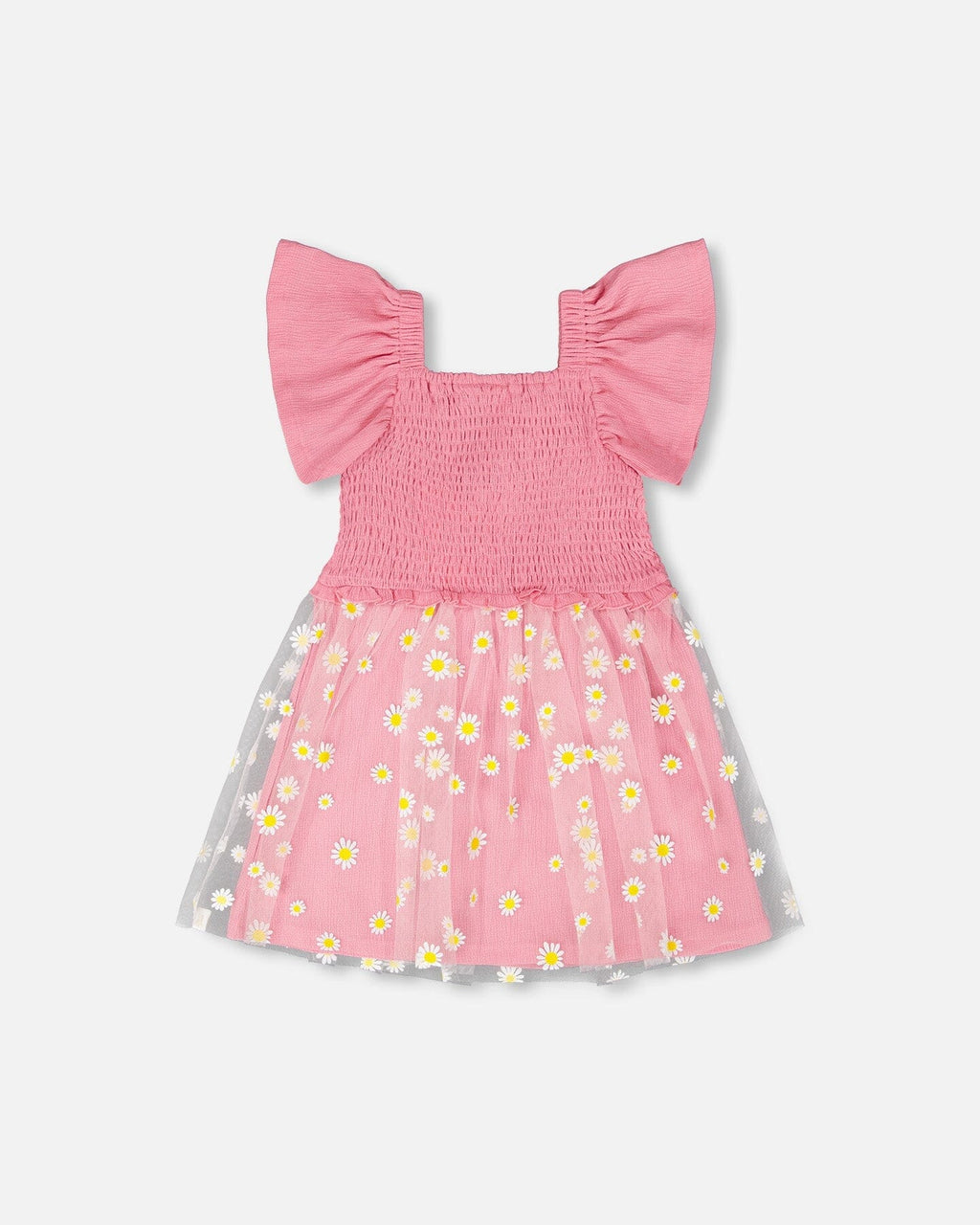 Mesh And Crinkle Jersey Dress With Smocking Pink