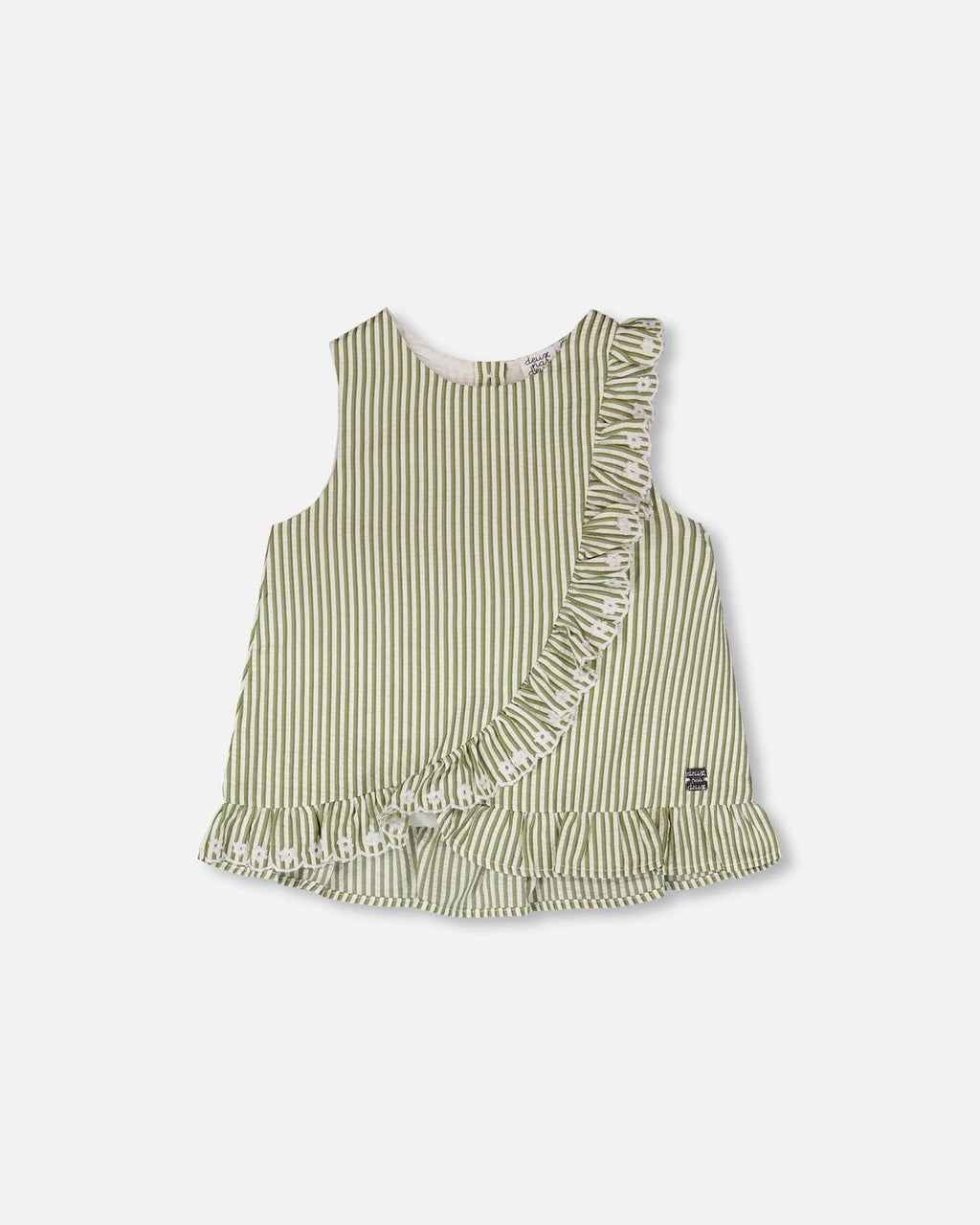 Top Green & Off White Stripes With Embroidered Ruffle