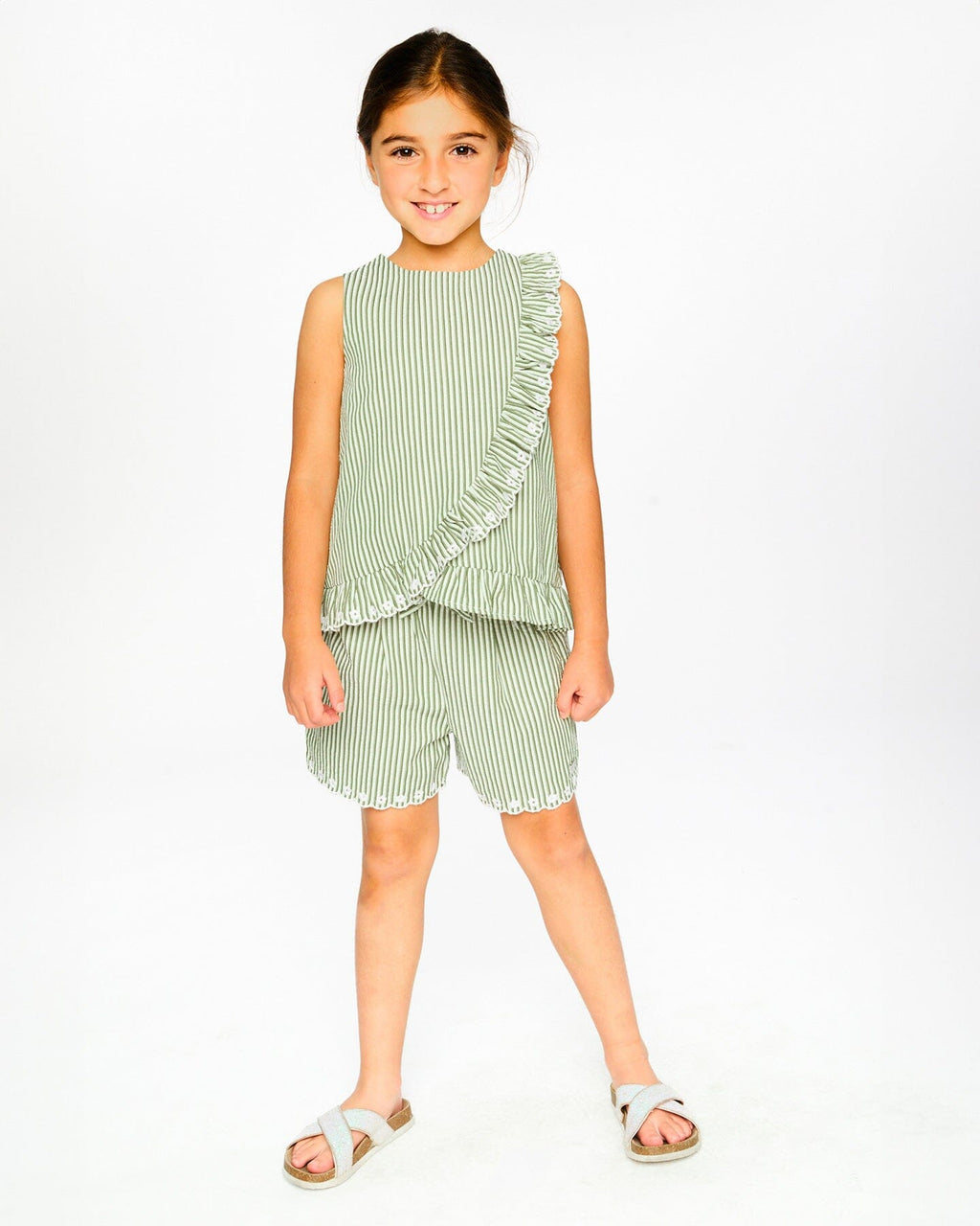 Top Green & Off White Stripes With Embroidered Ruffle