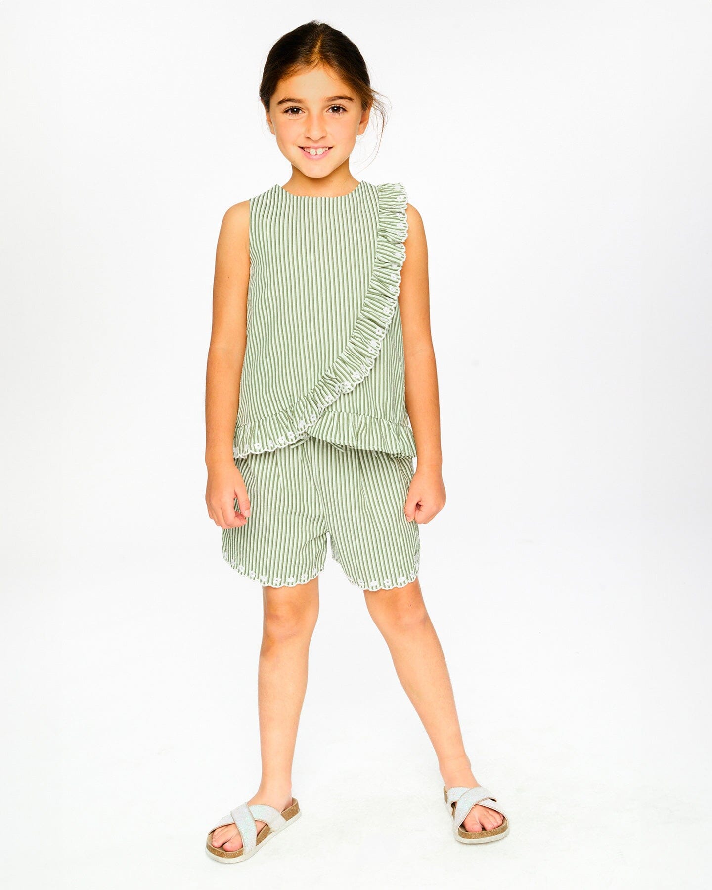 Top Green & Off White Stripes With Embroidered Ruffle
