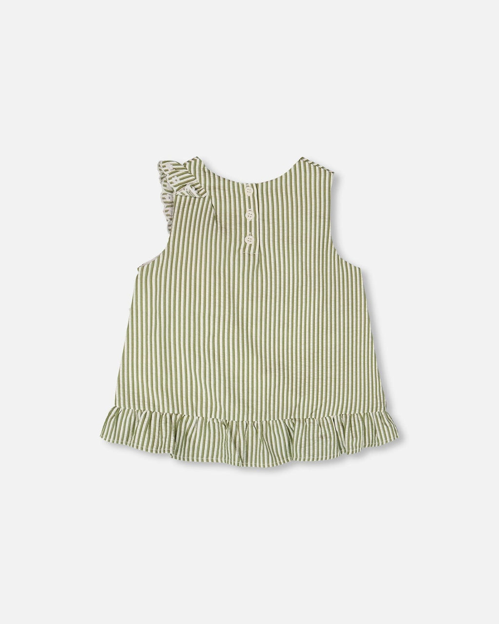 Top Green & Off White Stripes With Embroidered Ruffle
