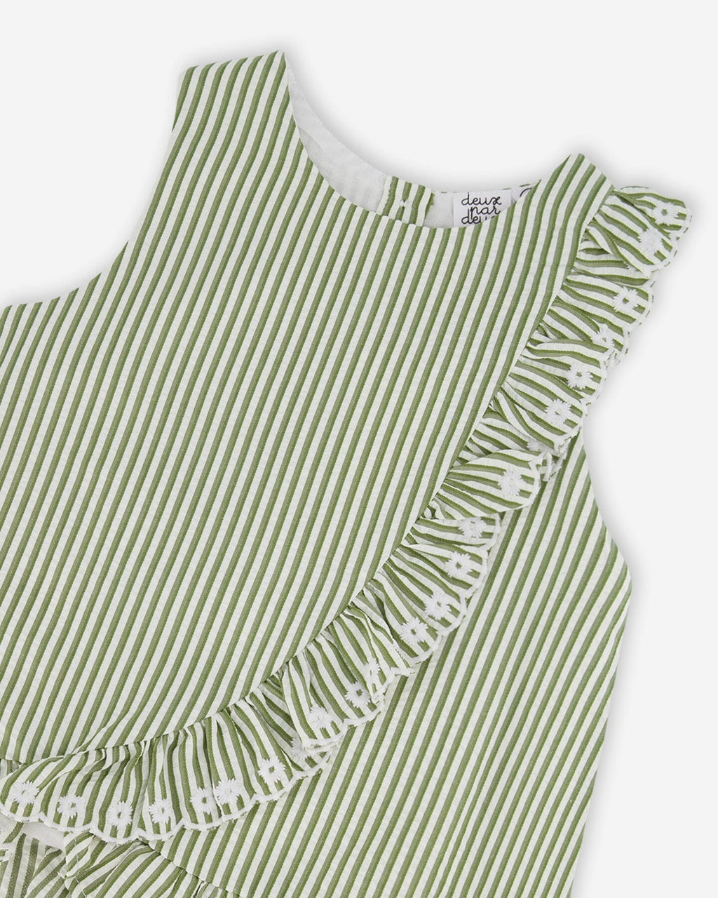 Top Green & Off White Stripes With Embroidered Ruffle