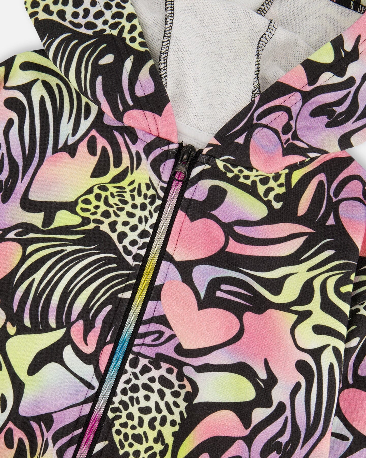 Zip Front French Terry Hoodie Black Printed Multicolor