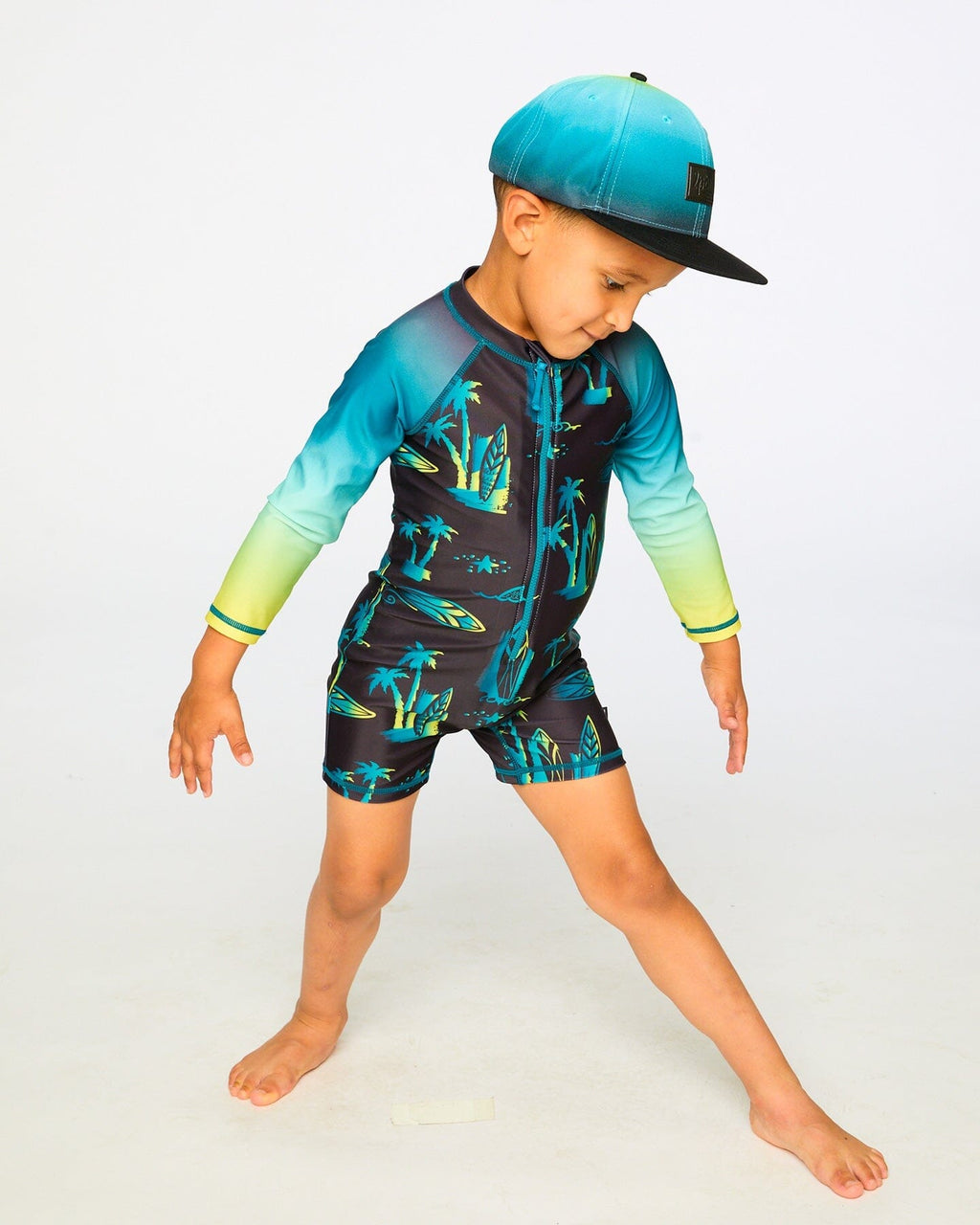 One-Piece Long Sleeve Rashguard Black Surf Print