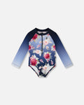One-Piece Long Sleeve Rashguard Blue Rose Print