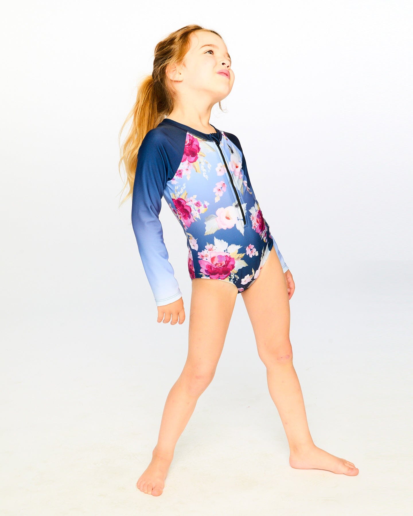 One-Piece Long Sleeve Rashguard Blue Rose Print
