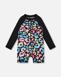 One-Piece Long Sleeve Rashguard Black Leopard Print