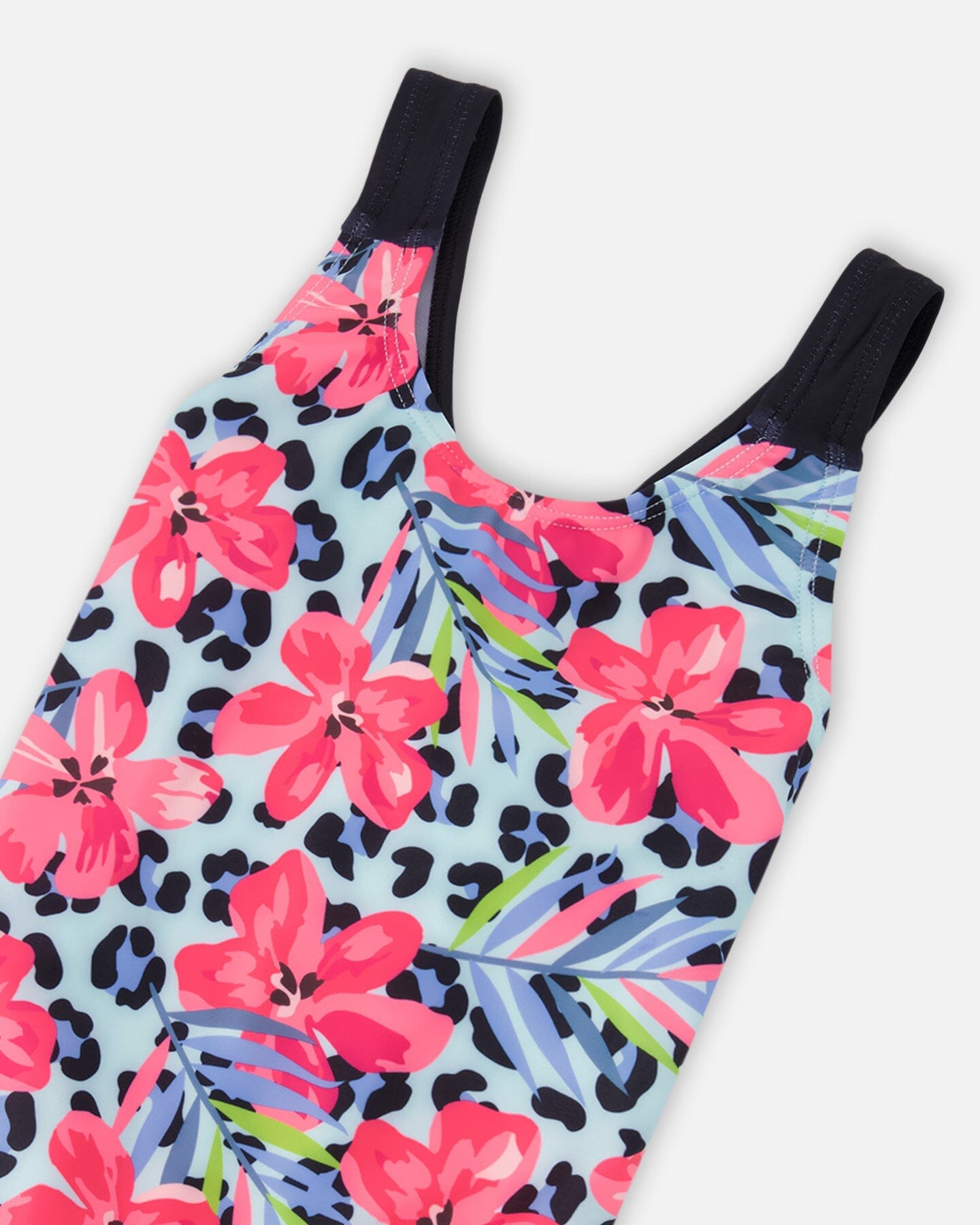 One-Piece Swimsuit Blue Floral And Leopard Print