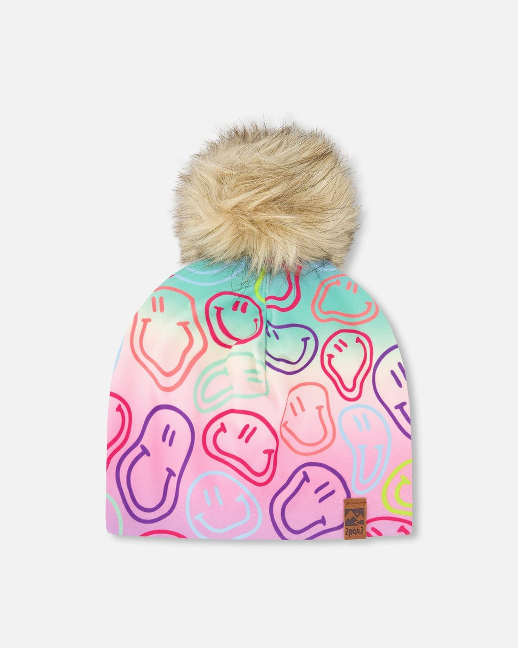 Stretch Jersey Hat Multicolored Printed Smileys With Pompom