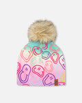 Stretch Jersey Hat Multicolored Printed Smileys With Pompom