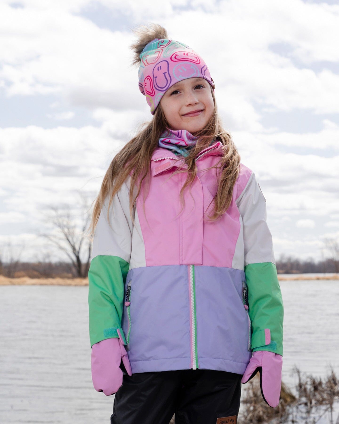 Stretch Jersey Hat Multicolored Printed Smileys With Pompom