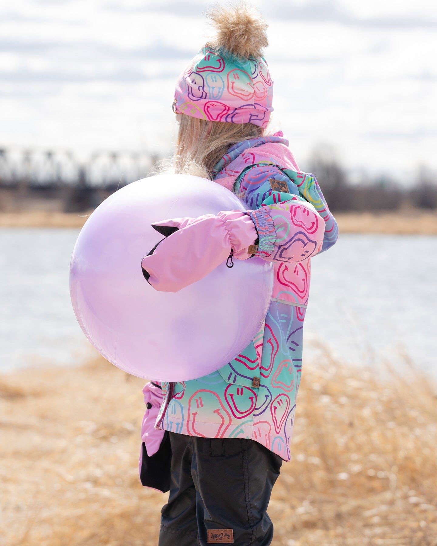 Stretch Jersey Hat Multicolored Printed Smileys With Pompom