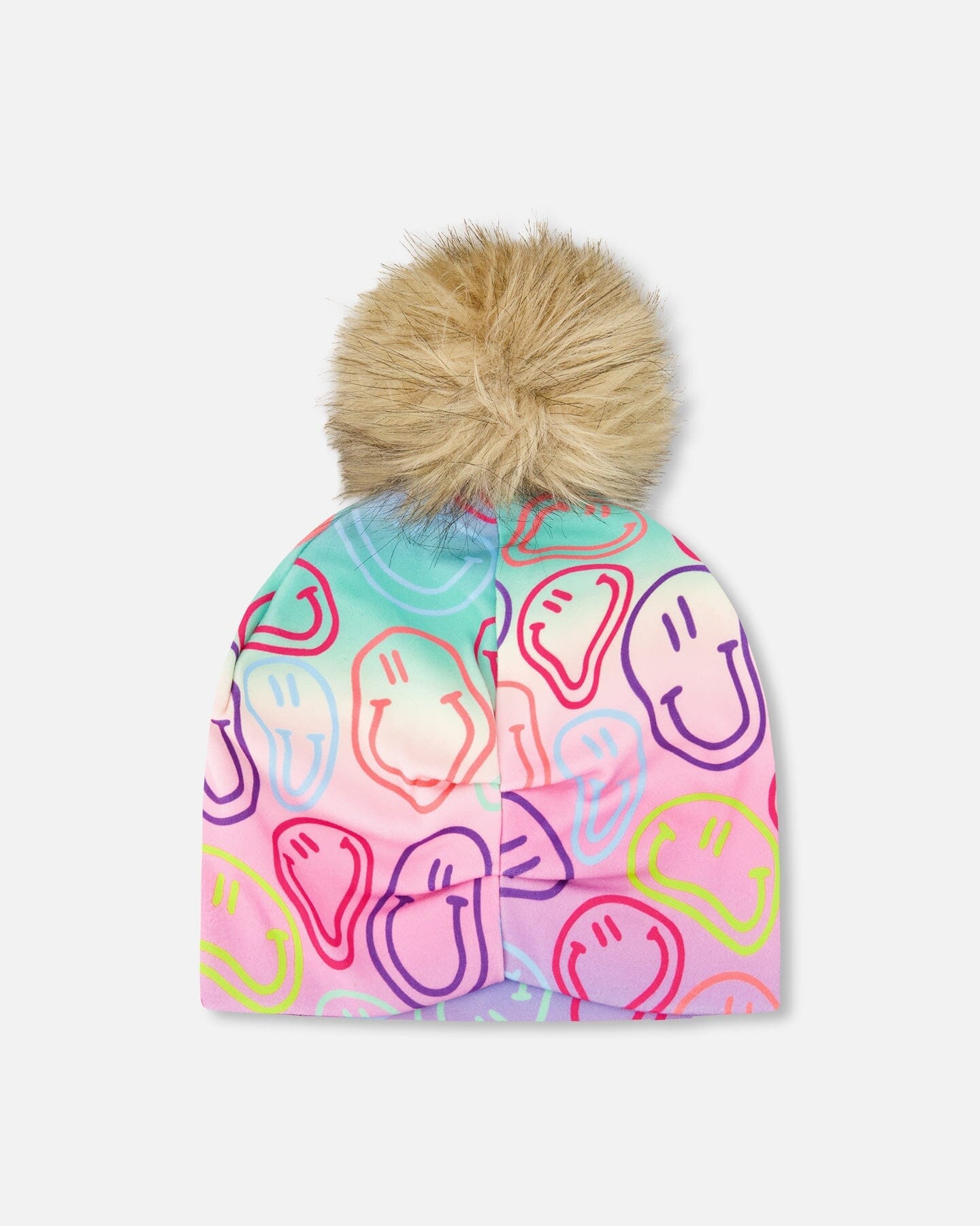 Stretch Jersey Hat Multicolored Printed Smileys With Pompom