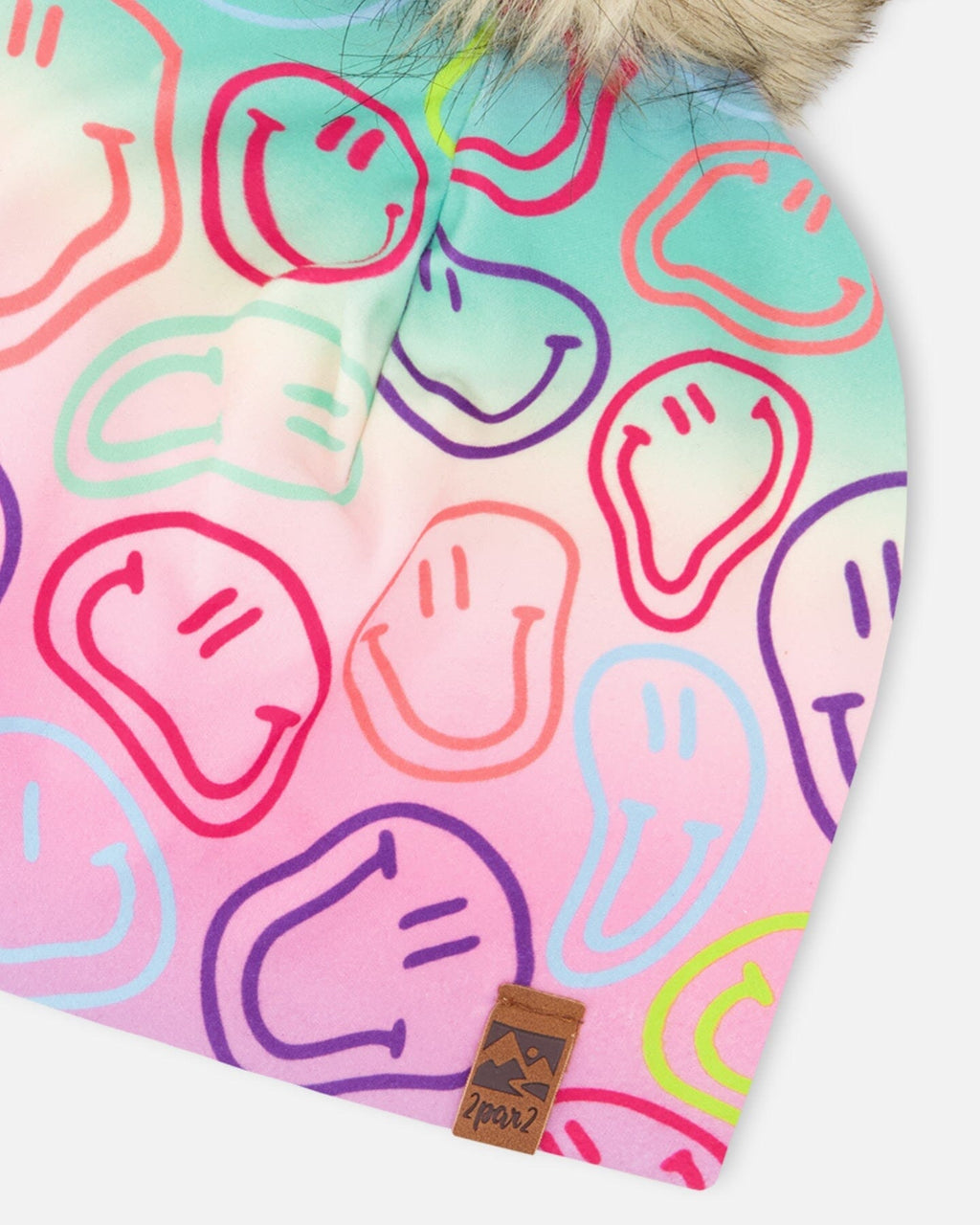 Stretch Jersey Hat Multicolored Printed Smileys With Pompom