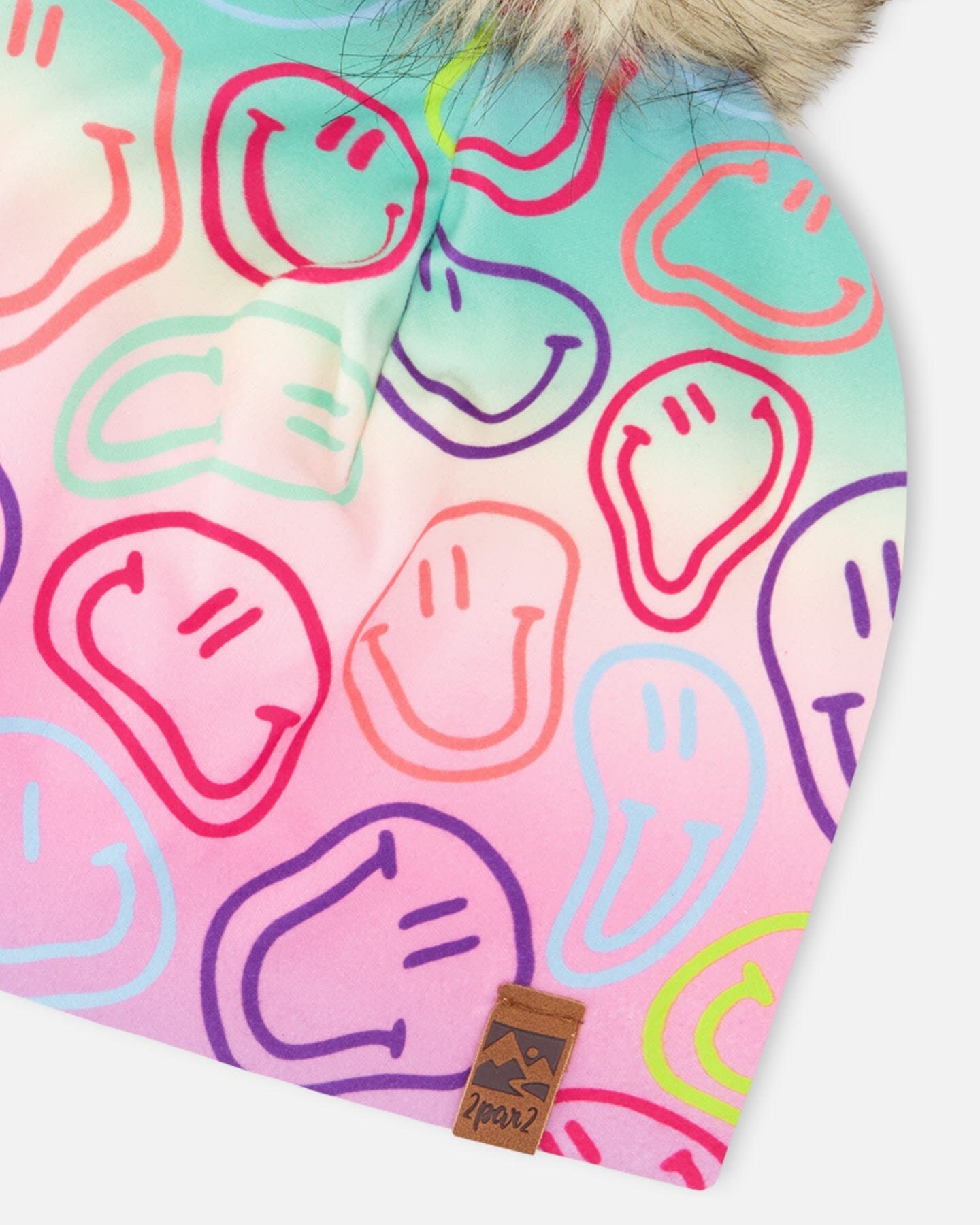 Stretch Jersey Hat Multicolored Printed Smileys With Pompom