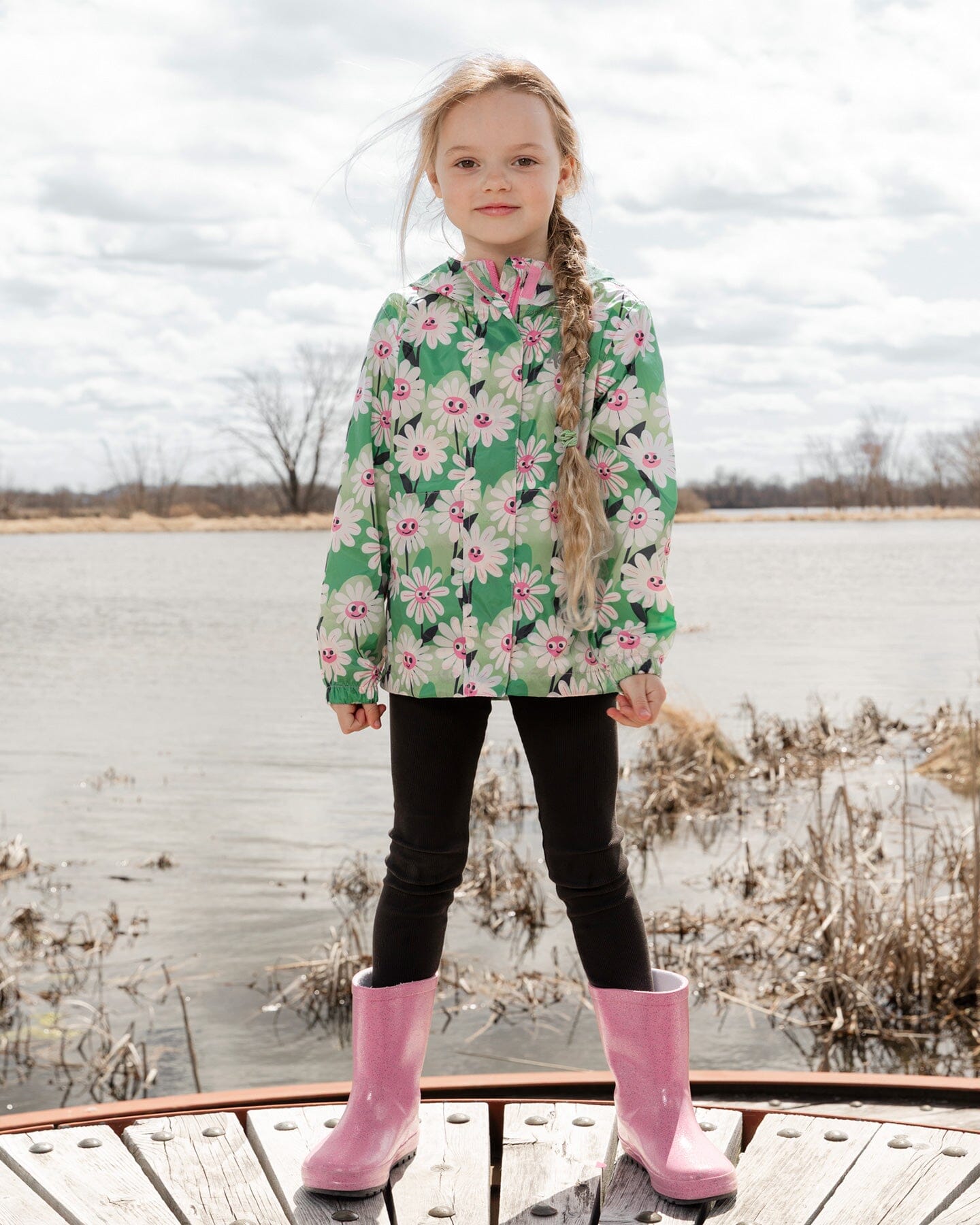 Packable Windbreaker In Polyester Green Smiling Flower Print