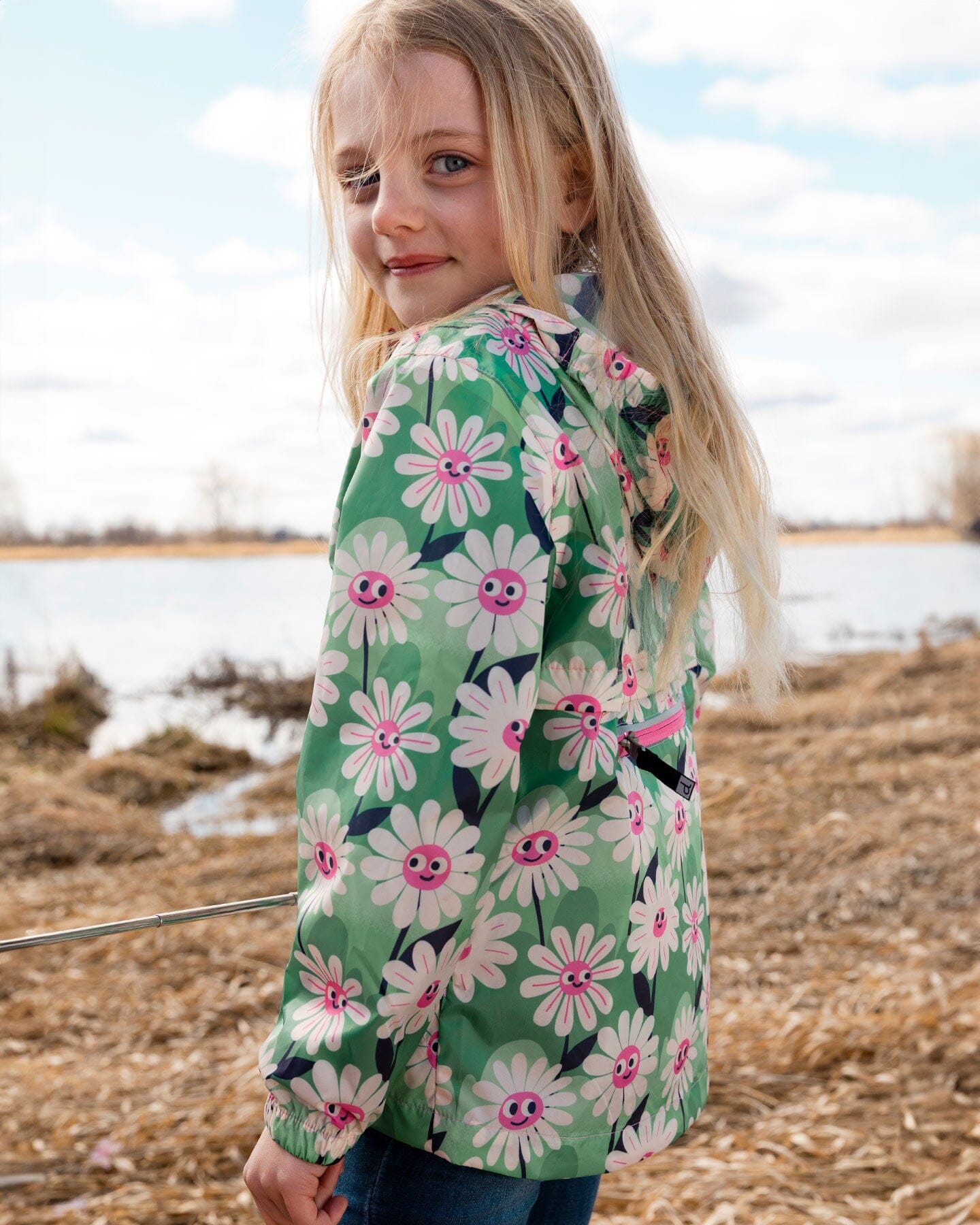 Packable Windbreaker In Polyester Green Smiling Flower Print