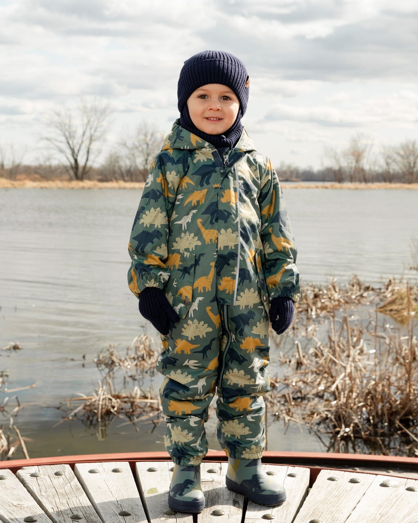 Baby Mid-Season One-Piece Outerwear With Hat Green Dinosaur Print